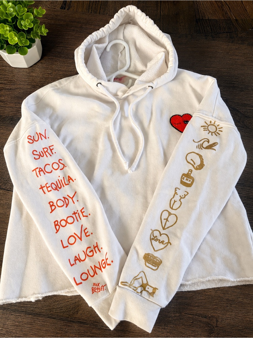 Betsey Johnson Graphic fleece Hoodie with Red Heart and fun Sleeve Prints